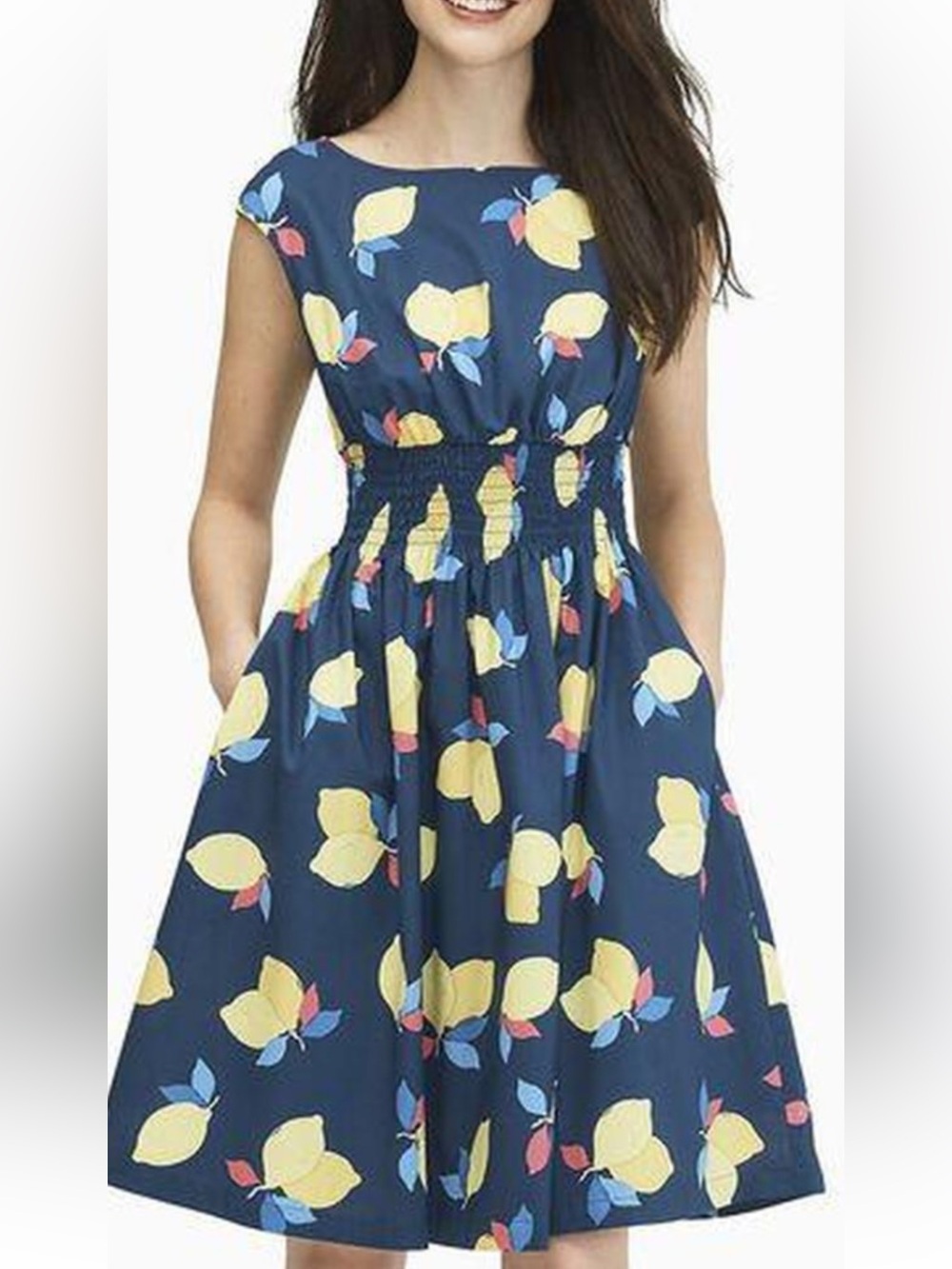 kate spade Navy Lemon-Print Smocked Waist Dress Sz 2-100% Cotton - Picture 1 of 11